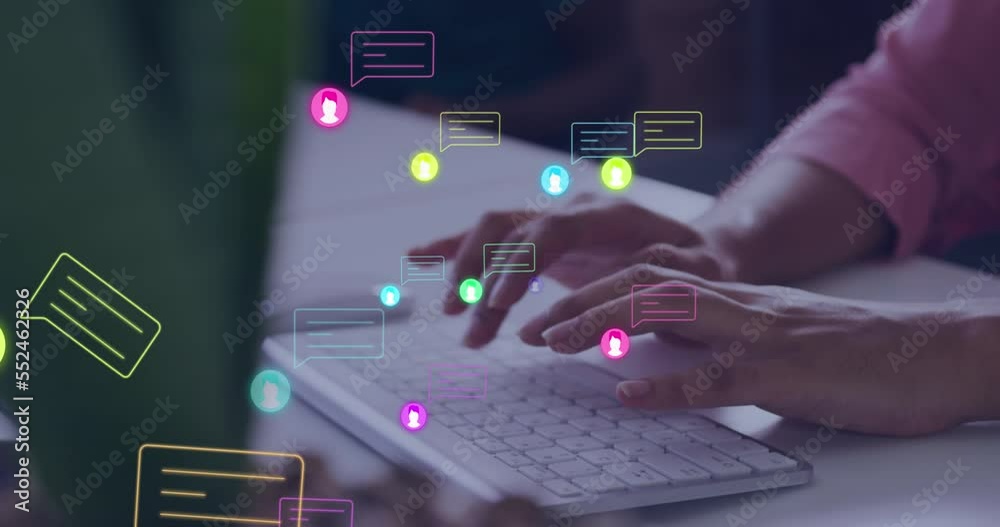 Animation of chat message icons over hands of woman using computer keyboard