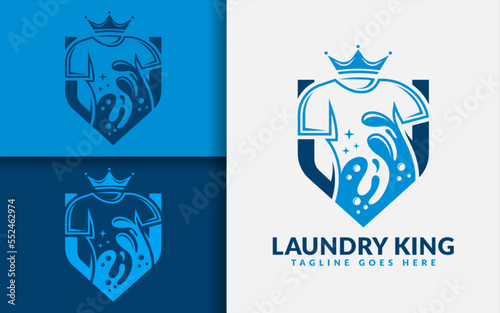 Laundry King Logo Design. Blue Shirt and Water Splash Combined with King Crown Style Concept.