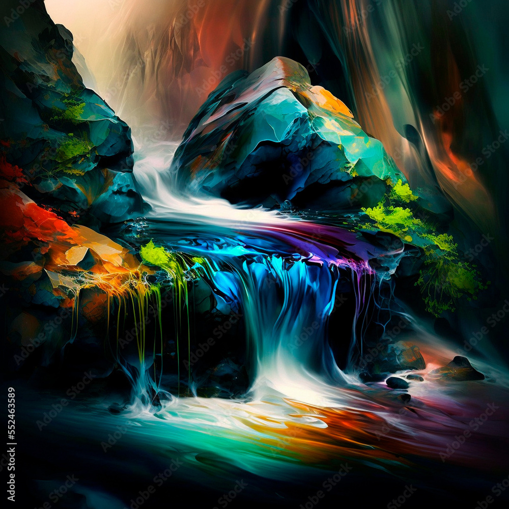 A rainbow stream splashes in the mountains. High quality illustration