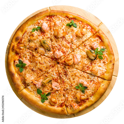 Pizza with seafood and tomato sauce top view isolated on white background