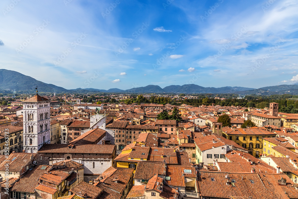 Lucca, Italy. Scenic aerial view of the medieval city