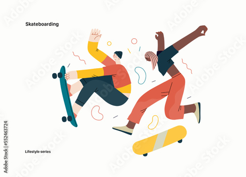 Lifestyle series - Skateboarding - modern flat vector illustration of a young male and female skaters jumping in the air with their skateboards.. People activities concept