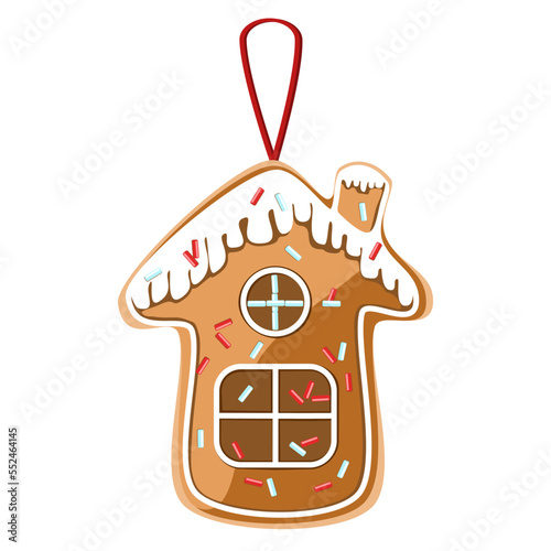 Gingerbread house cookie with icing and sprinkles vector illustration 