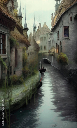 Art of a beautiful fairytale town with canals next to a river