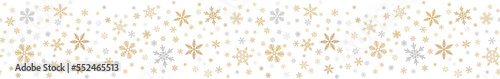 Snowflake seamless border background. Vector pattern with small gold and silver snowflakes on white. Christmas  New year  winter holidays theme. Design template for banner  greeting card  web  print