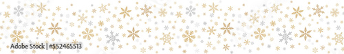 Snowflake seamless border background. Vector pattern with small gold and silver snowflakes on white. Christmas, New year, winter holidays theme. Design template for banner, greeting card, web, print