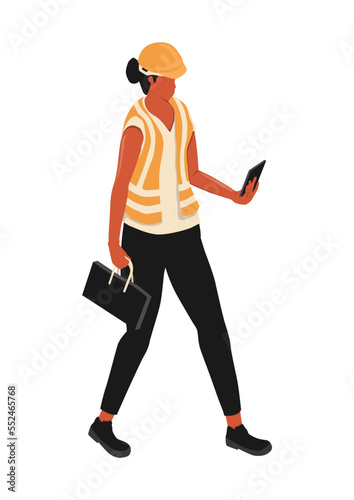 A woman in a reflective vest and a protective helmet. Vector.