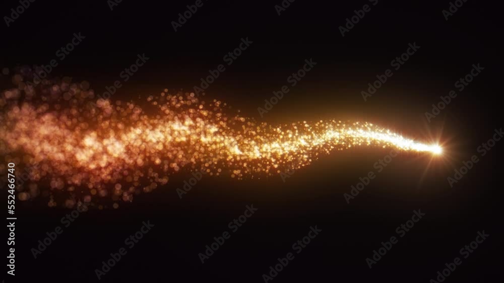 Looping animation of a luminous Christmas shooting star with a tail of gold particles on a black background at 60 fps