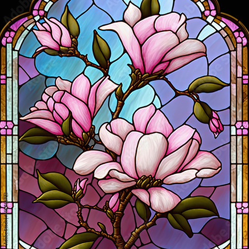 Arch stained glass window with magnolia flowers. Generative AI. Not