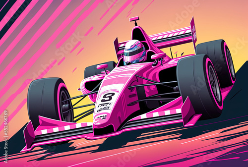 Formula One racing vehicle with pink backdrop and copyspace. Generative AI © 2rogan