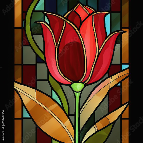 Stained glass window with red tulip flower. Generative AI. Not based photo