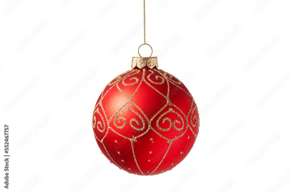 Christmas tree ball isolated on white background. Red Christmas bauble decoration.