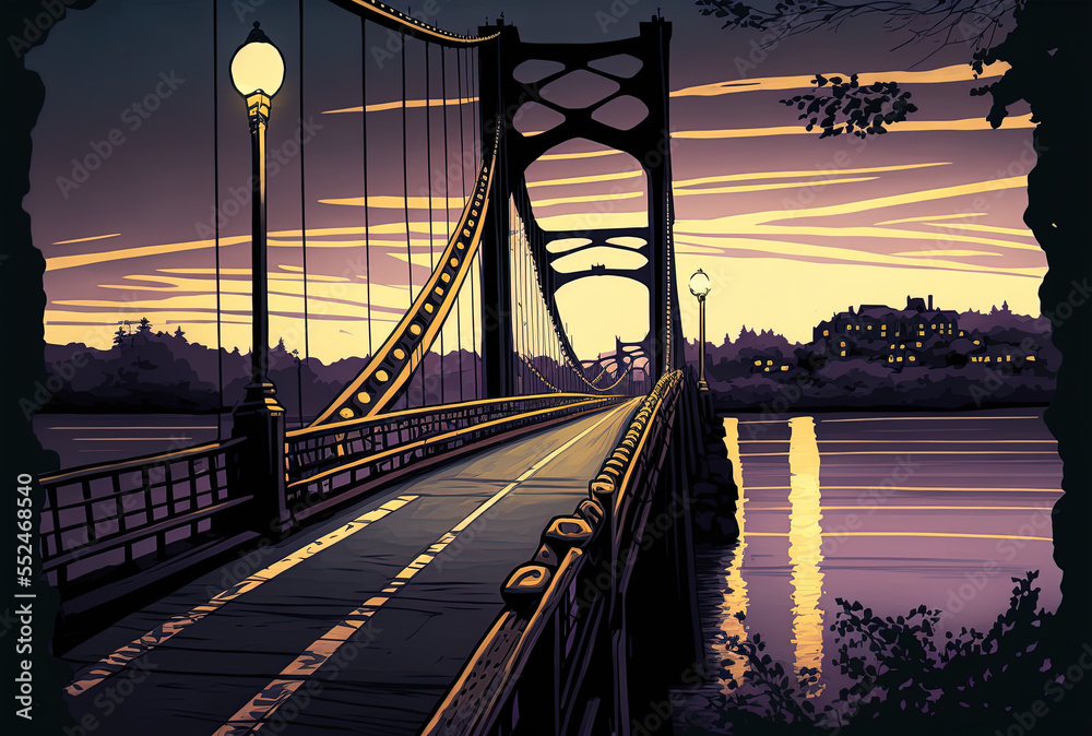 Obraz premium Stunning vertical photograph of a bridge at dusk. Generative AI