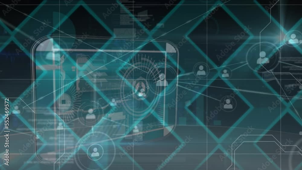 Animation of network of connections with icons and data processing on black background Animation of network of connections with icons and data processing on black background