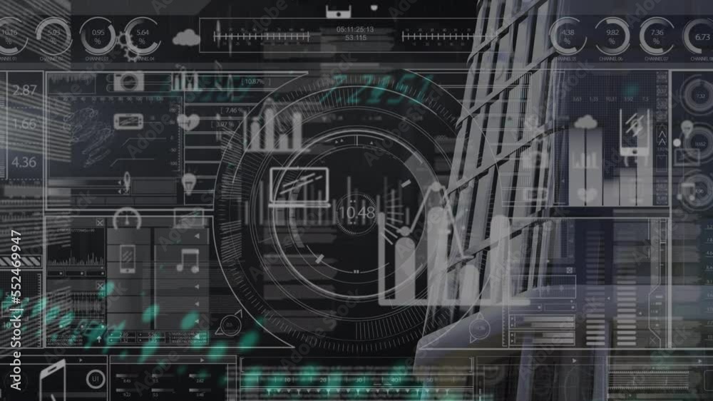Animation of data processing and icons over scope scannig on black background Animation of data processing and icons over scope scannig on black background