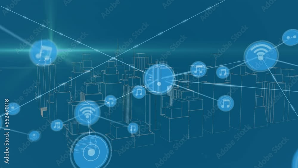 Animation of network of connections with icons over digital city on blue background Animation of network of connections with icons over digital city on blue background
