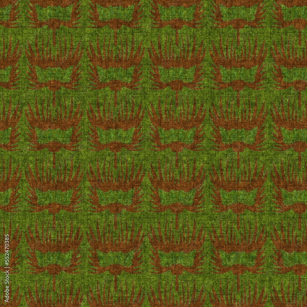 Green retro 1960s linen seamless pattern. Forest style vintage for decorative backdrop. Mid century moss old-fashioned geometric design. 