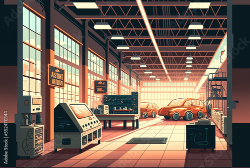 Interior industrial environment and an automobile assembly manufacturing engine factory plant idea. Generative AI photo