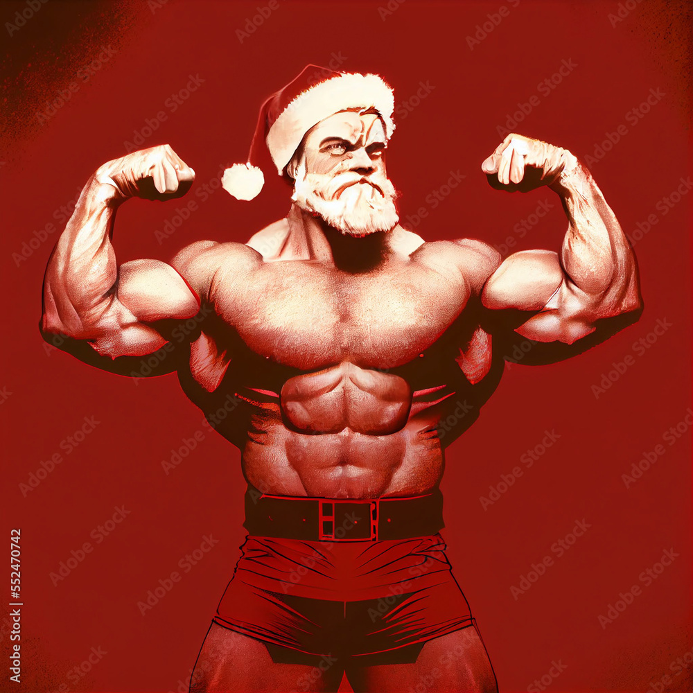 Illustrazione Stock ai-created fictional person: muscle santa | Adobe Stock