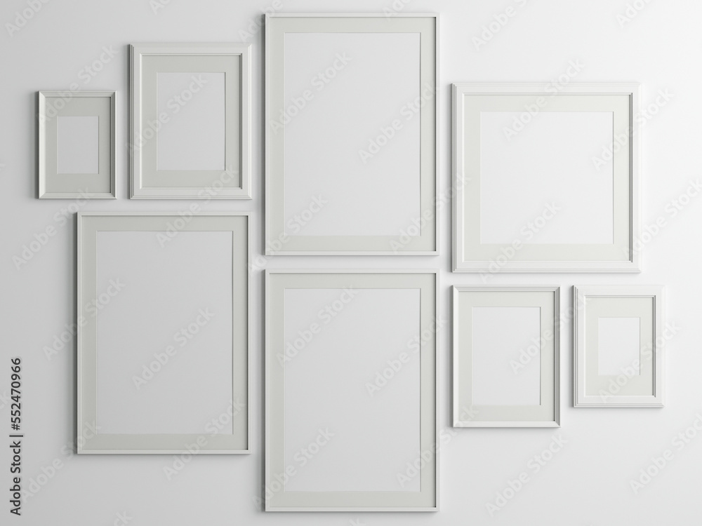 Gallery wall mockup, white frames on the wall, minimalist frame mockup, 3d render Gallery wall mockup, white frames on the wall, minimalist frame mockup, 3d render
