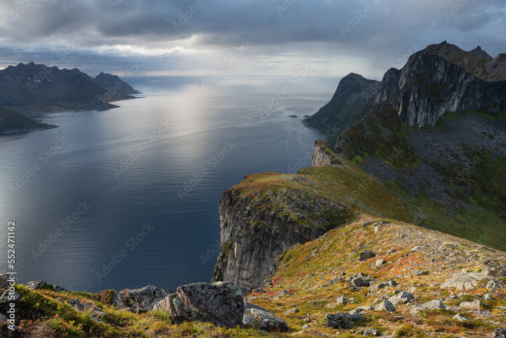 View north over Mefjorden from Hesten mountain peak, Senja, Norway View north over Mefjorden from Hesten mountain peak, Senja, Norway