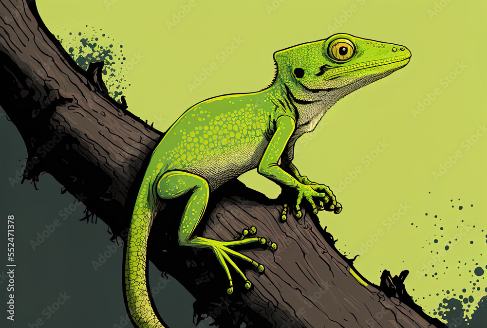 Fototapeta premium A green anole with a black space is perched on a tree limb. Generative AI