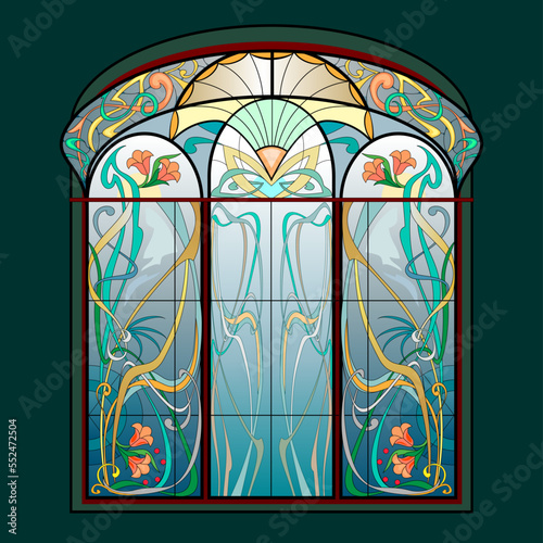 Beautiful colorful Art Nouveau stained glass window. Exclusive offer for luxury interior. Jugendstil architectural style. Decoration for wallpaper, banner, background. Architecture in Western Europe.