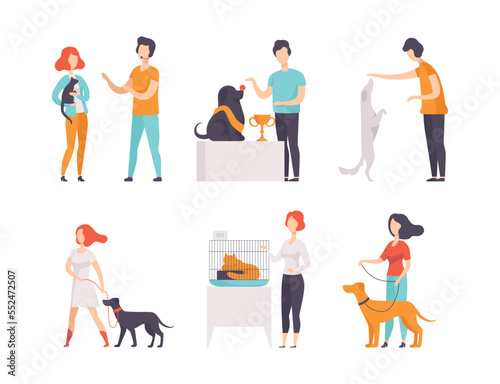 People Pet Owners Presenting their Purebred Cat and Dog at Breeds Show Vector Set © topvectors