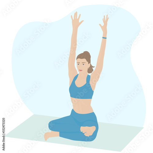 The girl is doing yoga against the background of the sky. A beautiful woman sits in the lotus position. Vector illustration.Healthy lifestyle.
