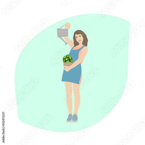 Girl spending time  home garden with plants growing in pots. Young woman caring for houseplants.  Microgreen growing.Trendy vector illustration in flat cartoon style. Poster
