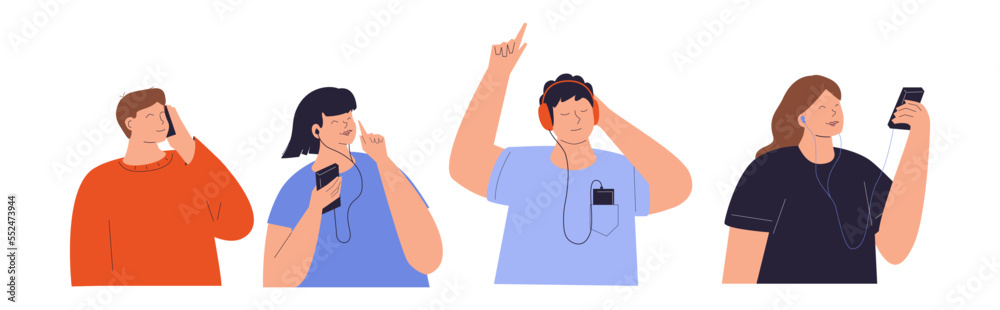 Young People use Smartphones, Chatting, making Selfie and listening Music. Happy Boys and Girls talking and typing on Phone. Female and Male Characters collection. Young People use Smartphones, Chatting, making Selfie and listening Music. Happy Boys and Girls talking and typing on Phone. Female and Male Characters collection.