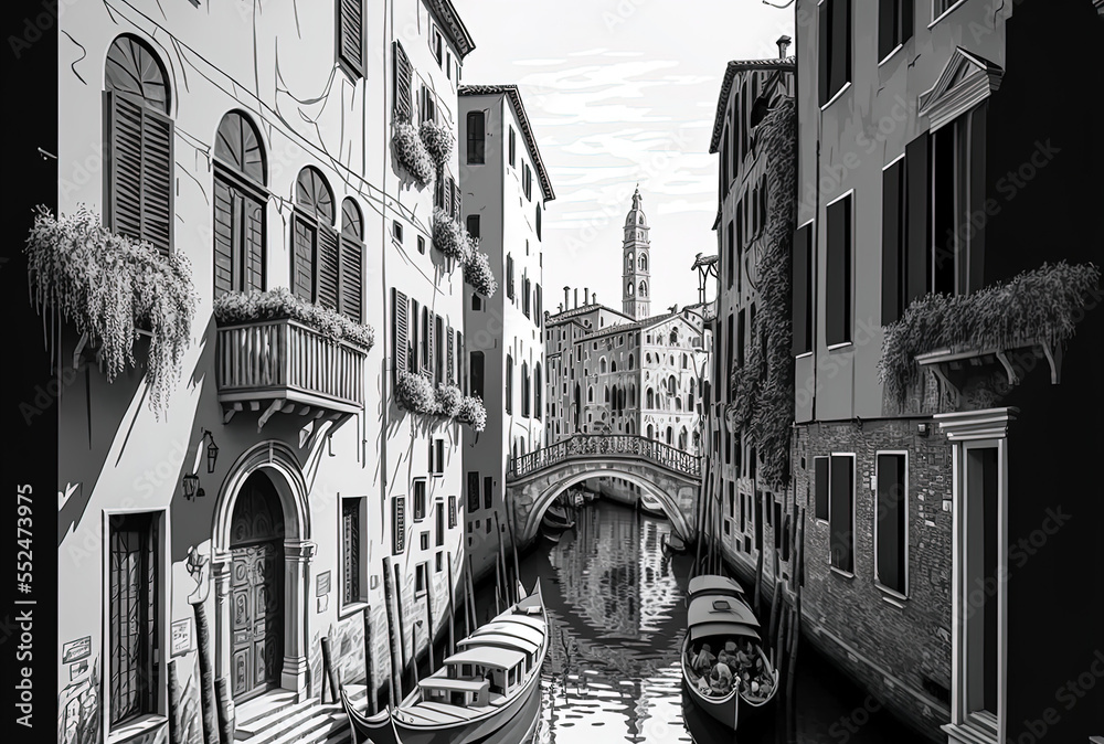 Fototapeta premium Vertical grayscale image of an Italian canal with boats and historic structures. Generative AI