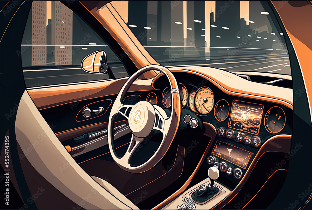Fototapeta premium Shift stick. view inside the interior of a brand new, high end luxury vehicle. Generative AI