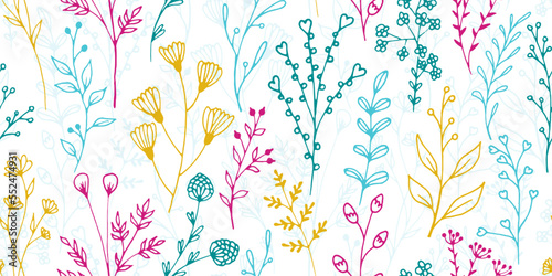 Field flower sprouts hand drawn vector seamless background. Fine floral texti...
