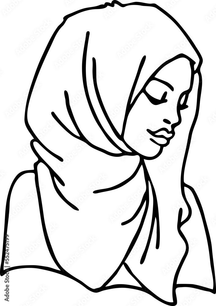 Young Arab woman with beautiful face in traditional fashion hijab head wear scarf. 1001 night style. Hand drawn isolated vector illustration. Simple silhouette line drawing. Young Arab woman with beautiful face in traditional fashion hijab head wear scarf. 1001 night style. Hand drawn isolated vector illustration. Simple silhouette line drawing.