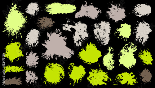 Paint mud brush stroke vector set. Freehand smudge blotch scrawl shapes. Drop splash web sticker stamp batch. Brushstroke acrylic blots drawing.