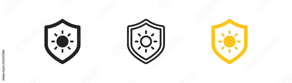 Sun protect outline icon. UV protect concept. Spf symbol. Shield, sun signs. Flat design. Sun protect outline icon. UV protect concept. Spf symbol. Shield, sun signs. Flat design.