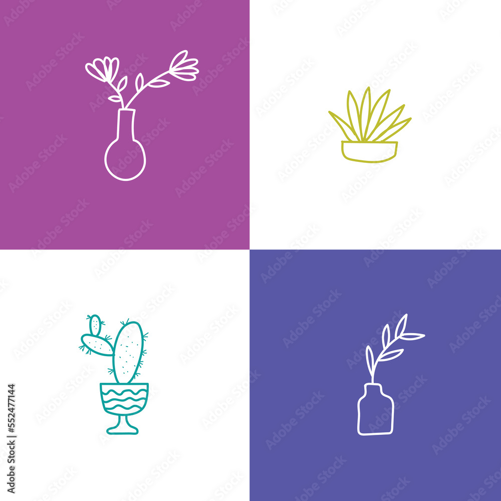 Flowers in the pot 2. Nature line art vector illustration of flowers and leaves beautiful collection set.