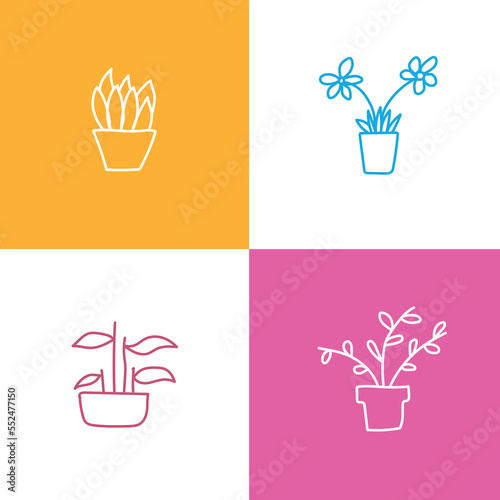 Flowers in the pot 3. Nature line art vector illustration of flowers and leaves beautiful collection set. © Cloudart