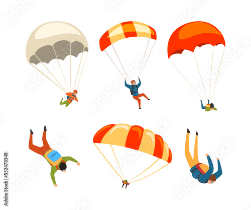 Man Character Skydiving Falling Down with Parachute Vector Set