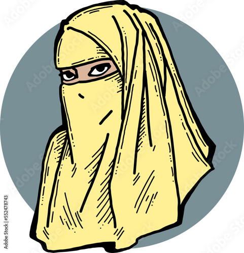 Young Arab woman with beautiful face in traditional fashion niqab head wear. Hand drawn isolated vector line illustration. Comic cartoon character.