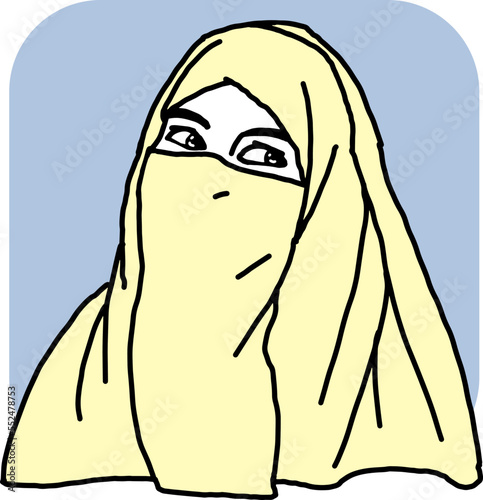 Young Arab woman with beautiful face in traditional fashion niqab head wear. Hand drawn isolated vector line illustration. Comic cartoon character.