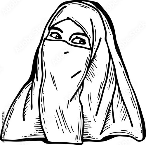 Young Arab woman with beautiful face in traditional fashion niqab head wear. Hand drawn isolated vector line illustration. Comic cartoon character.