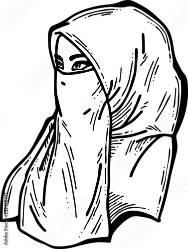 Young Arab woman with beautiful face in traditional fashion niqab head wear. Hand drawn isolated vector line illustration. Comic cartoon character.