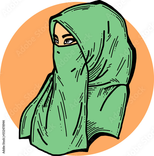 Young Arab woman with beautiful face in traditional fashion niqab head wear. Hand drawn isolated vector line illustration. Comic cartoon character.