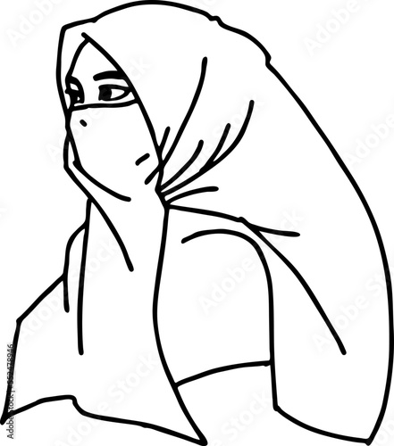 Young Arab woman with beautiful face in traditional fashion niqab head wear. Hand drawn isolated vector line illustration. Comic cartoon character.