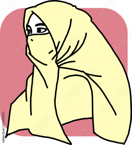 Young Arab woman with beautiful face in traditional fashion niqab head wear. Hand drawn isolated vector line illustration. Comic cartoon character.