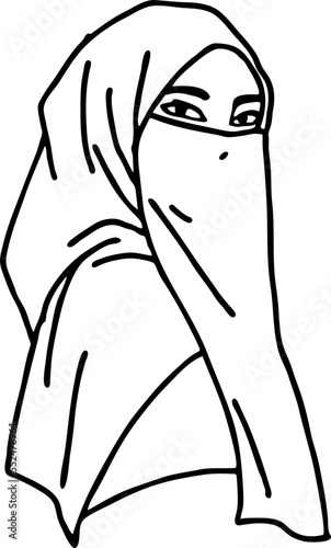 Young Arab woman with beautiful face in traditional fashion niqab head wear. Hand drawn isolated vector line illustration. Comic cartoon character.