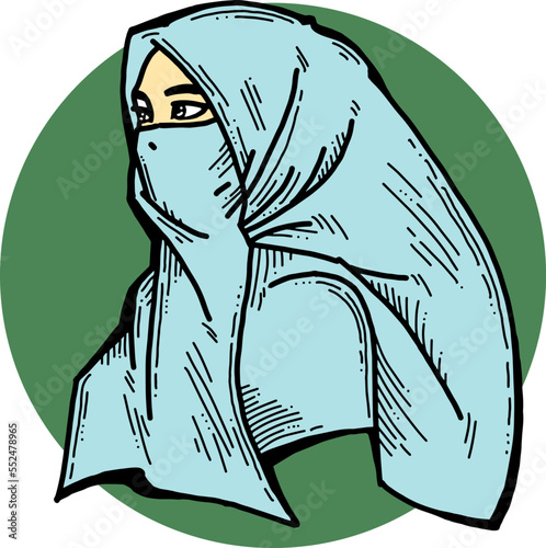 Young Arab woman with beautiful face in traditional fashion niqab head wear. Hand drawn isolated vector line illustration. Comic cartoon character.