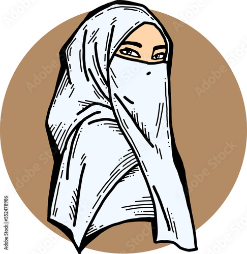 Young Arab woman with beautiful face in traditional fashion niqab head wear. Hand drawn isolated vector line illustration. Comic cartoon character.
